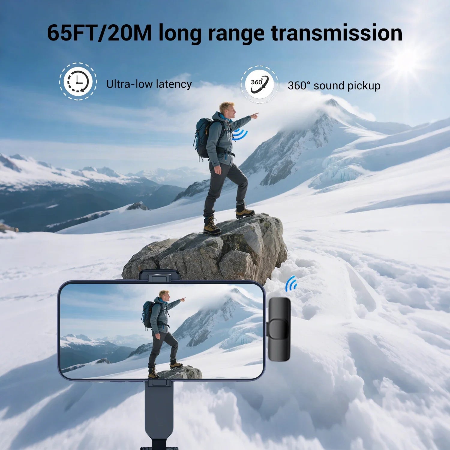 Black wireless lavalier microphone transmitter with 360° sound pickup and ultra-low latency for long-range use