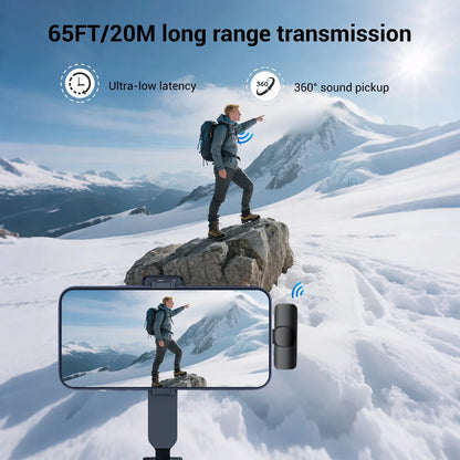 Black wireless lavalier microphone transmitter with 360° sound pickup and ultra-low latency for long-range use