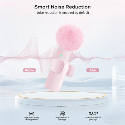 Professional pink wireless lavalier microphone with fluffy pom-pom and type-C port for smartphones and cameras plug and play