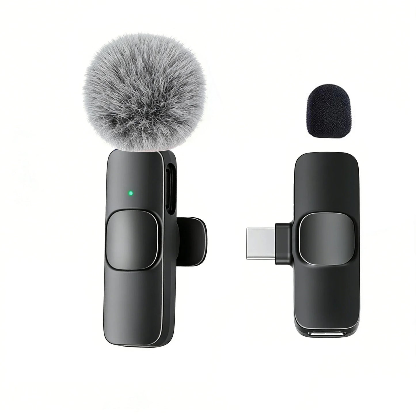 Black wireless lavalier microphone with fluffy gray windscreen and foam cover for smartphones computers and cameras plug and play