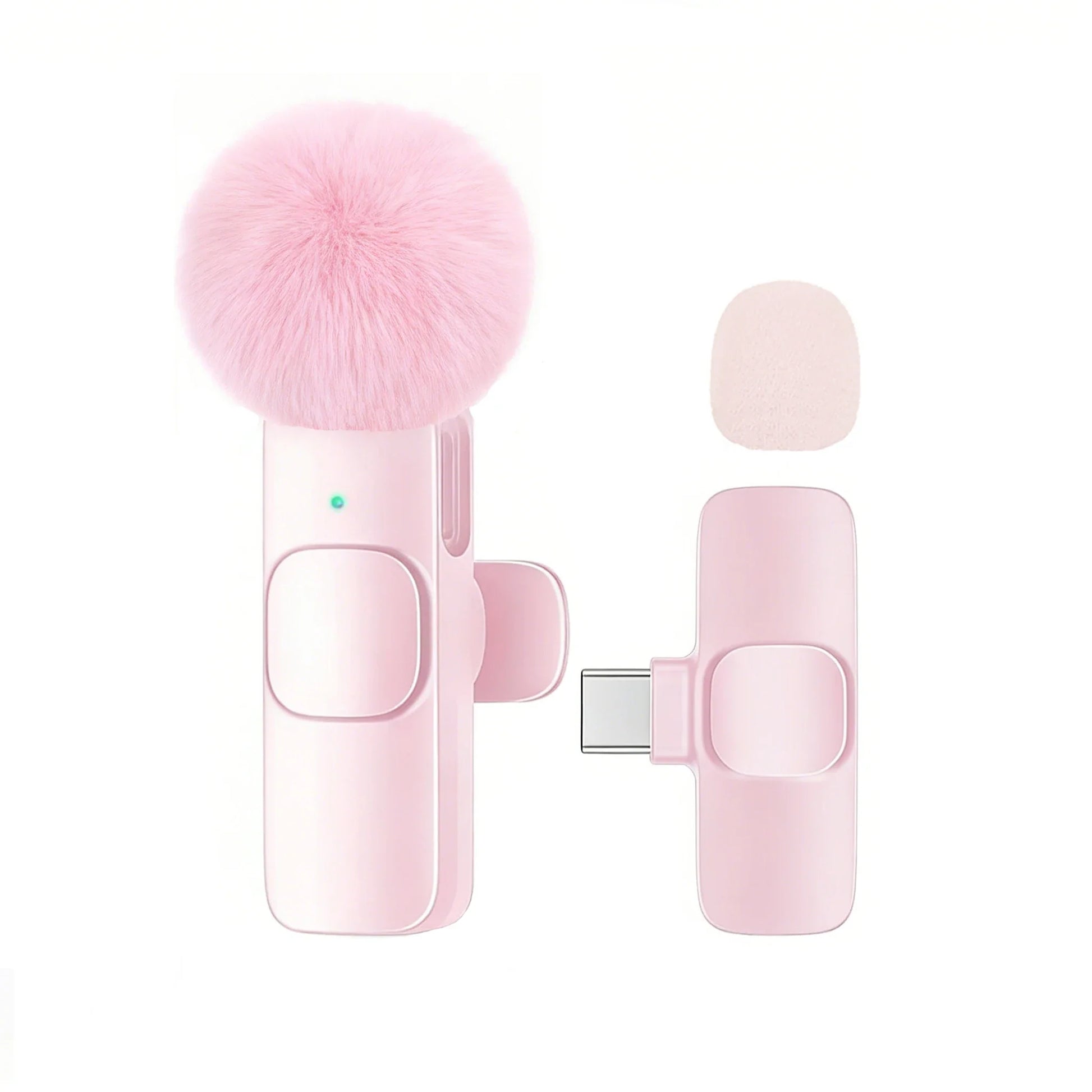 Pink wireless lavalier microphone transmitter with fluffy pom-pom and type-c connector for plug and play use
