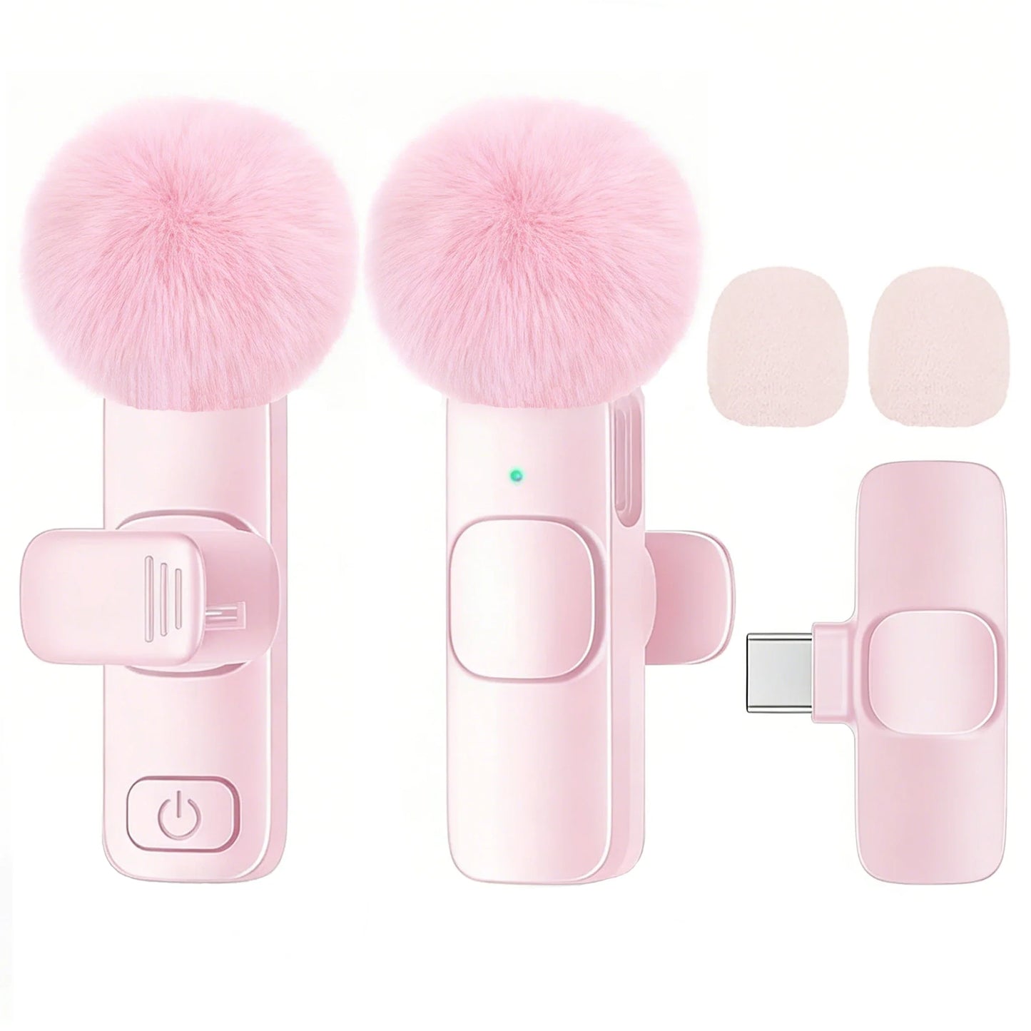 Pink wireless lavalier microphone with fluffy pom-pom and type-c port adapter for smartphones and cameras plug and play