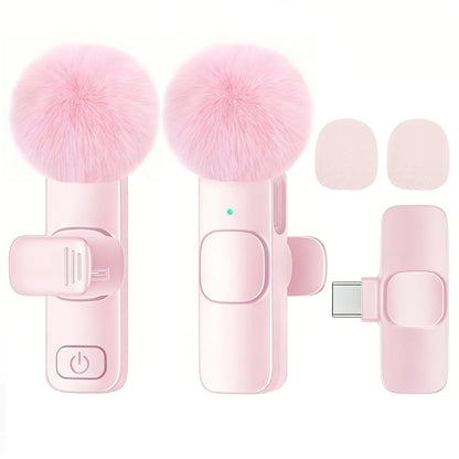 Pink wireless lavalier microphone with fluffy pom-pom and type-c port adapter for smartphones and cameras plug and play