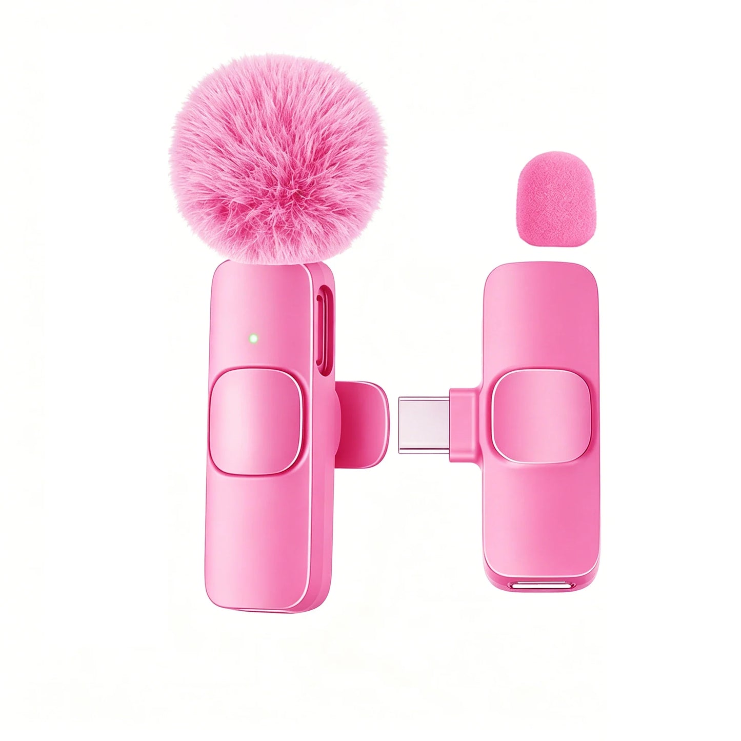 Pink wireless lavalier microphone with fluffy pink windscreen and detachable foam cover for smartphones and cameras