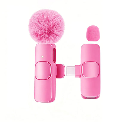 Pink wireless lavalier microphone with fluffy pink windscreen and detachable foam cover for smartphones and cameras