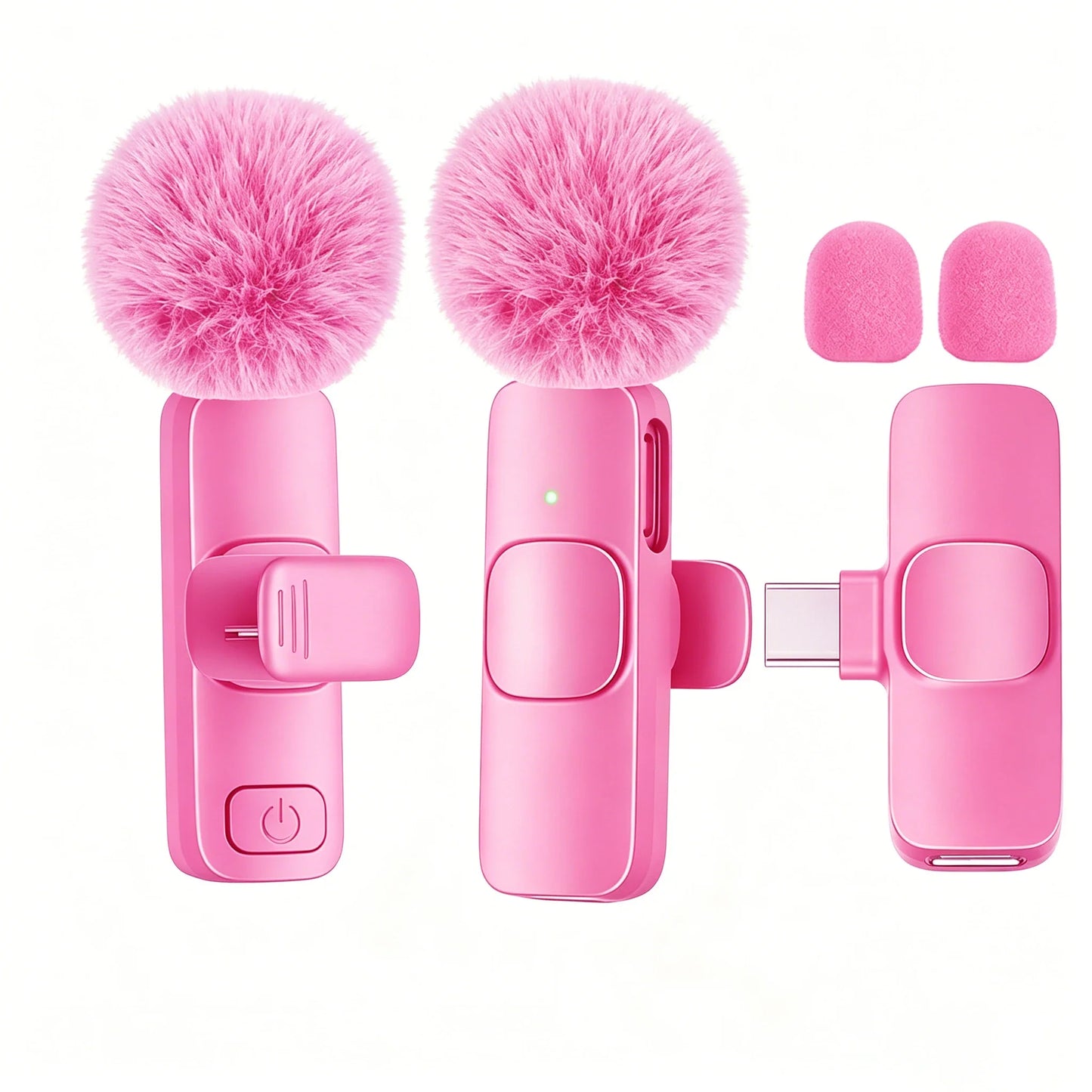 Pink wireless lavalier microphone with fluffy pom-pom attachment and type-c port for smartphones and computers
