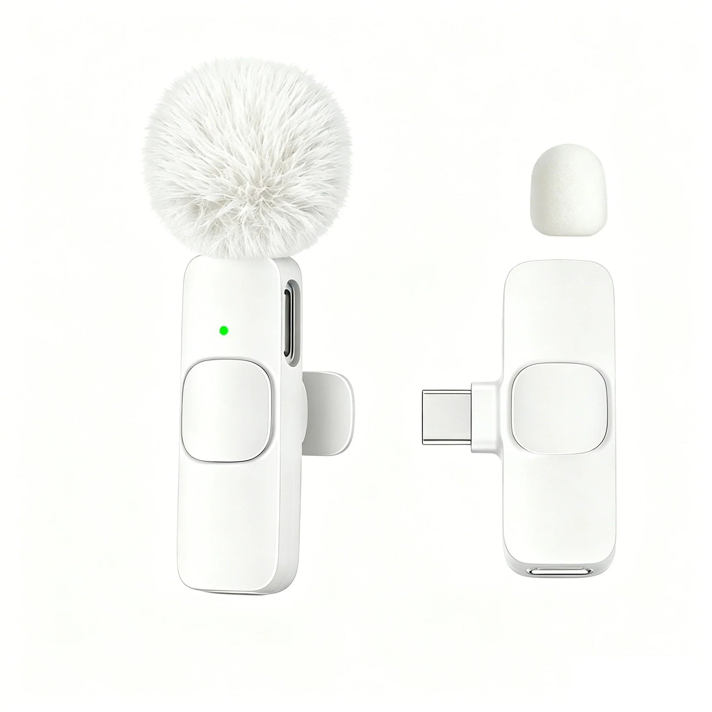 White wireless lavalier microphone with fluffy white windscreen and type-c charging port for smartphones and cameras