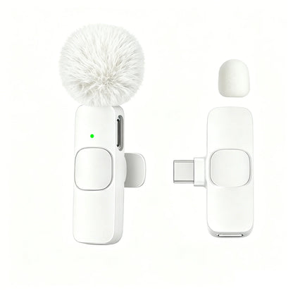 White wireless lavalier microphone with fluffy white windscreen and type-c charging port for smartphones and cameras