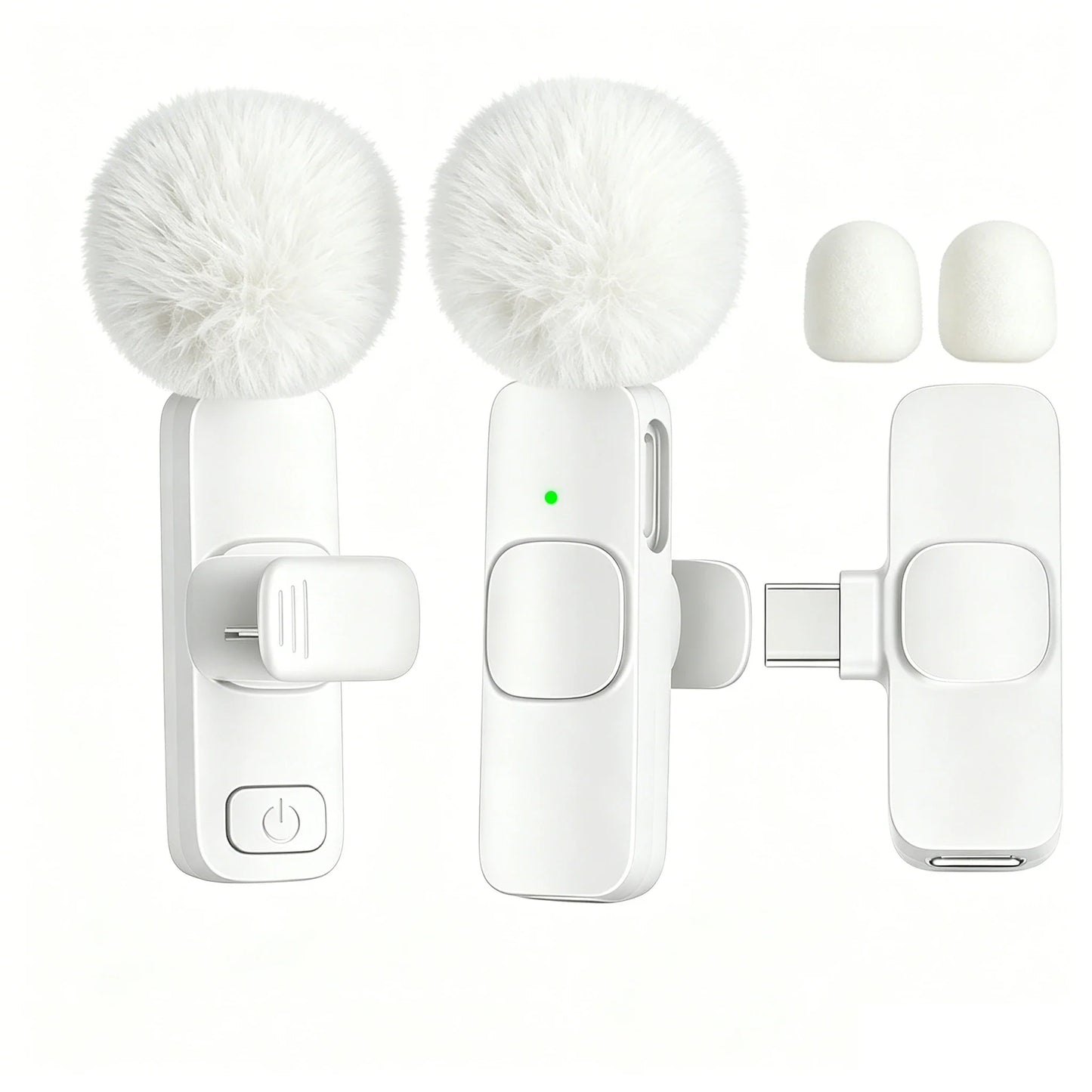 White wireless lavalier microphone with fluffy pom-pom and type-c port for smartphones computers and cameras plug and play