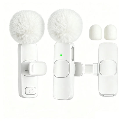 White wireless lavalier microphone with fluffy pom-pom and type-c port for smartphones computers and cameras plug and play