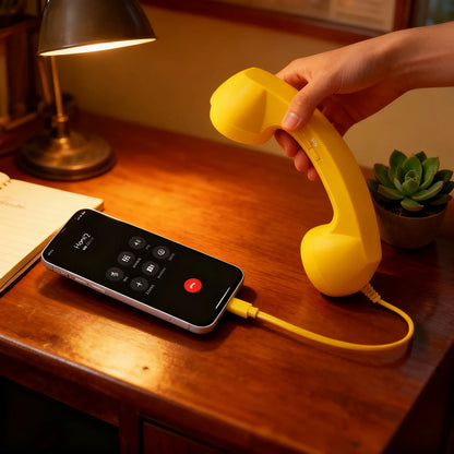 Bright yellow vintage-style wired headset telephone handset with Type-C plug for clear sound voice chat and live streaming