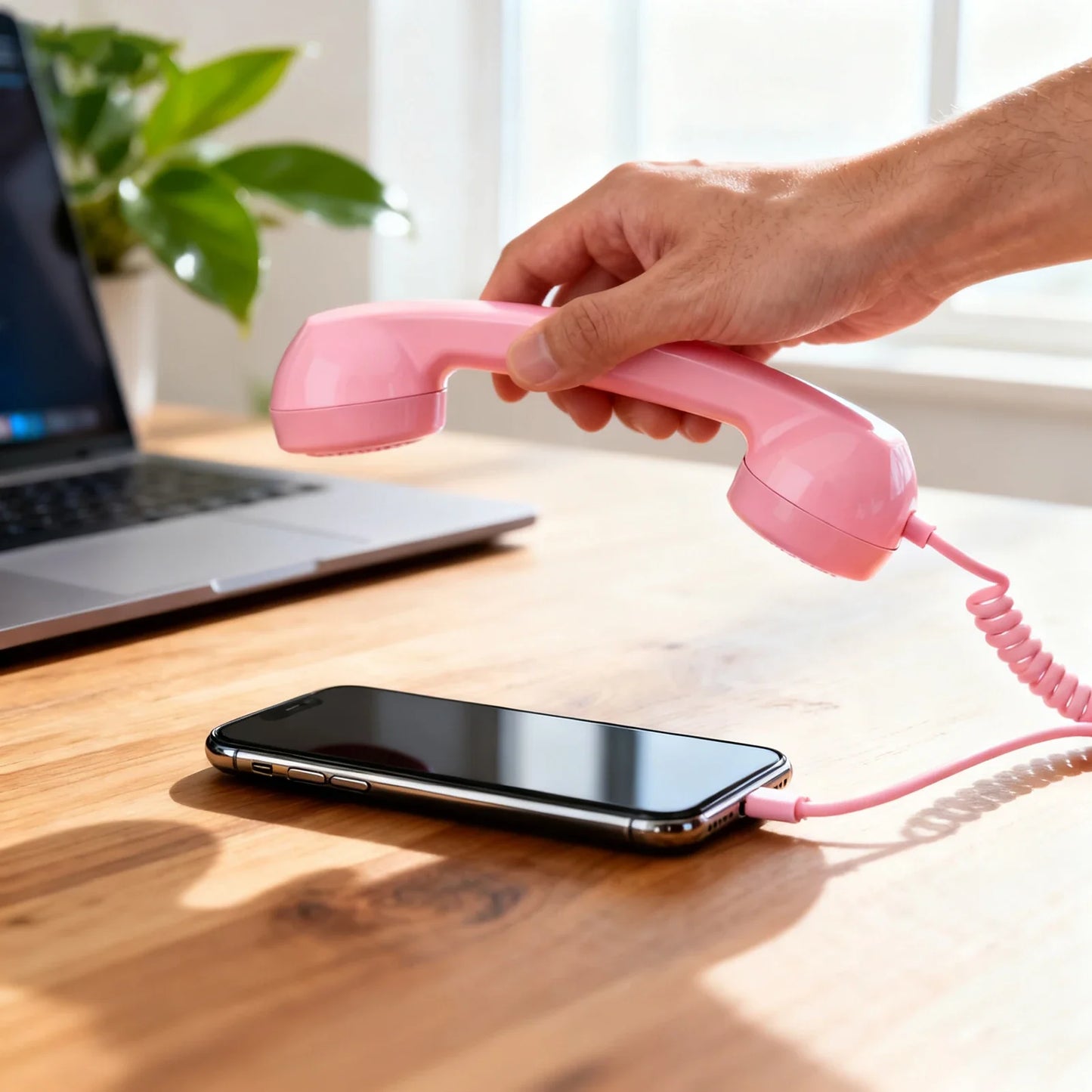 Pink plastic wired headset type-c retro phone handset with coiled cord for android voice chat and live streaming
