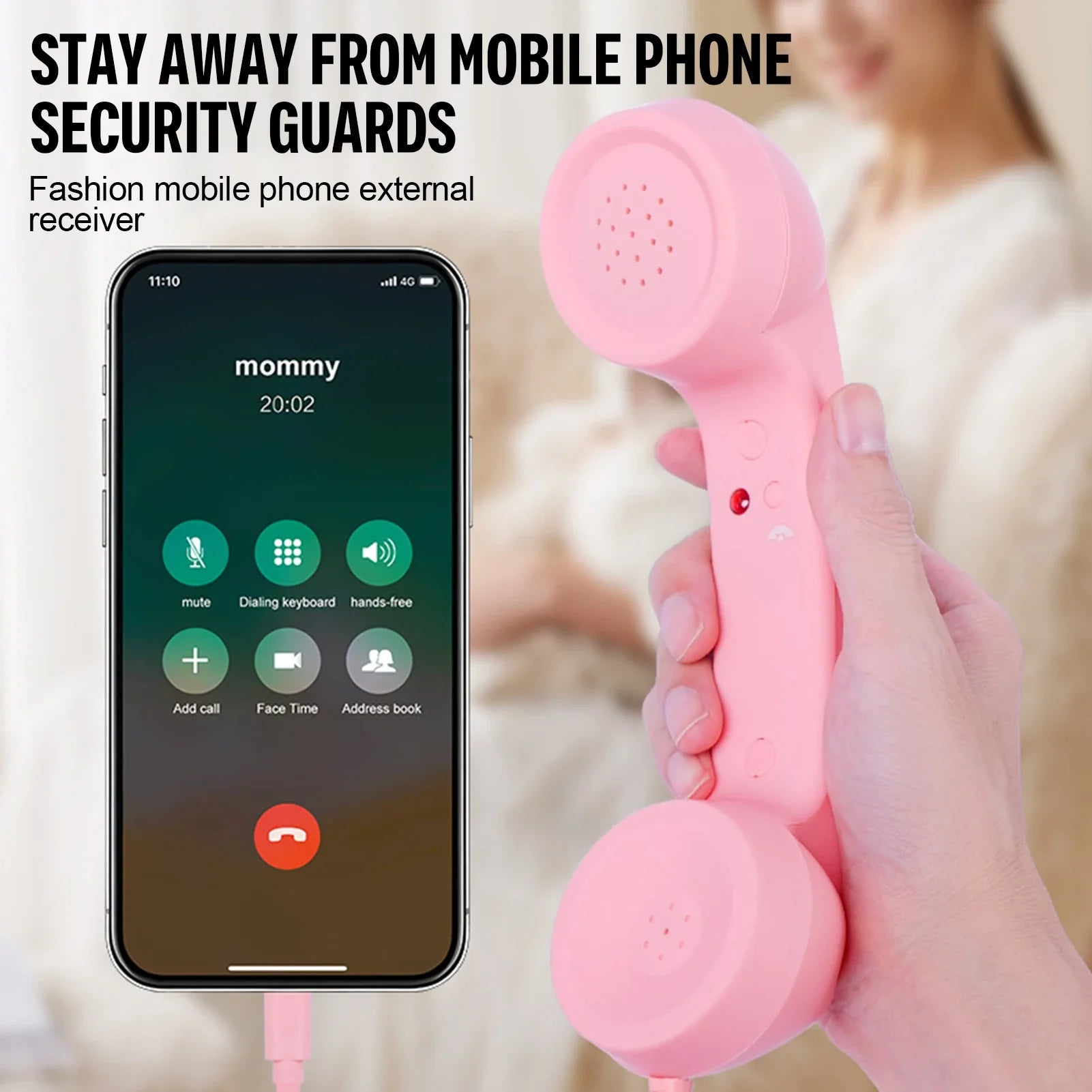 Pink vintage-style wired headset phone receiver with smooth plastic finish and rotary dial for clear voice chat