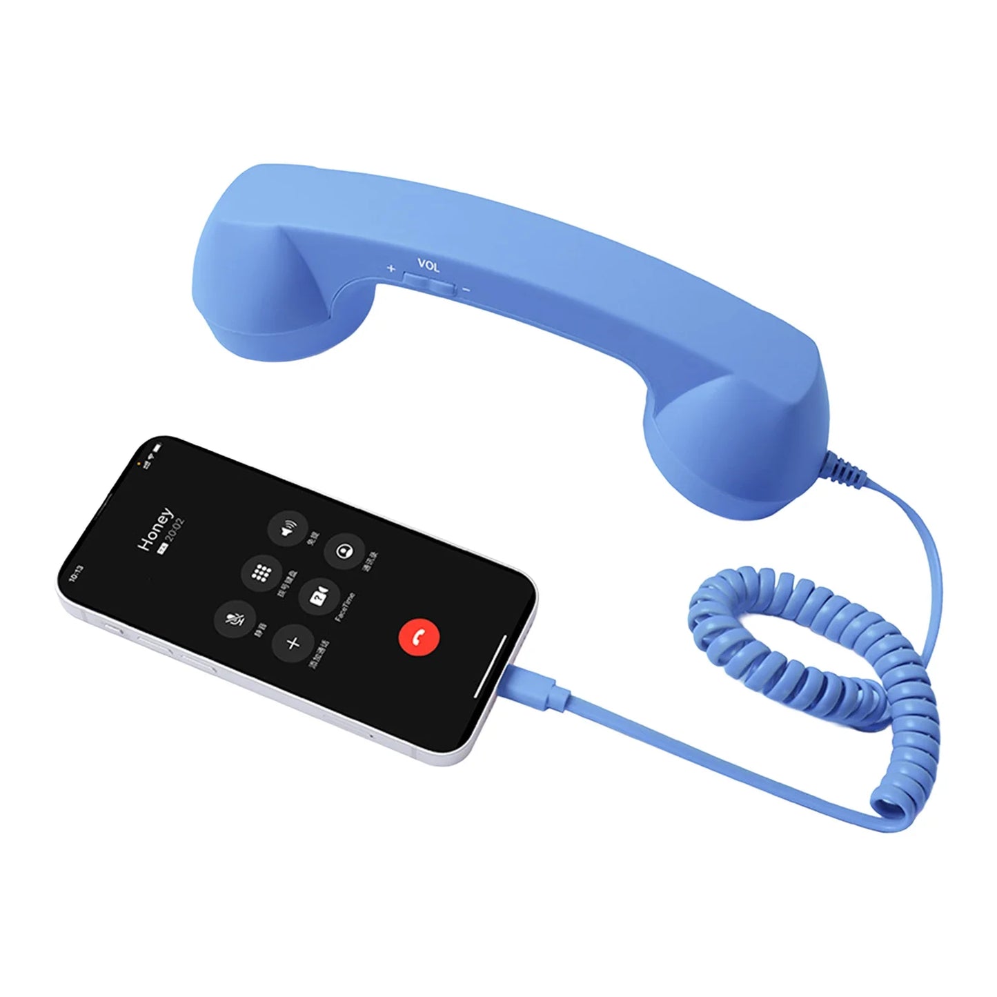 Blue plastic vintage-style wired headset with coiled cord connected to smartphone for clear voice chat and streaming