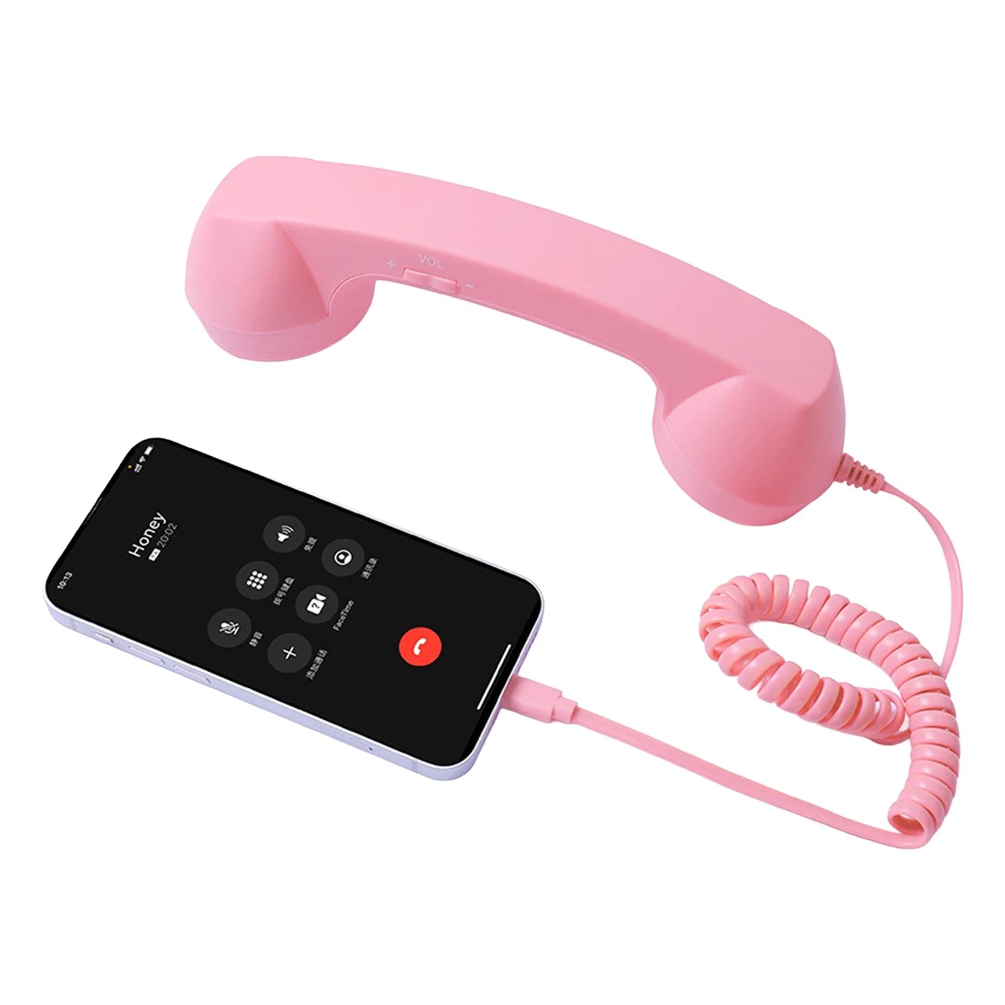 Pink plastic wired headset handset with coiled cable connected to smartphone for clear voice chat and live streaming