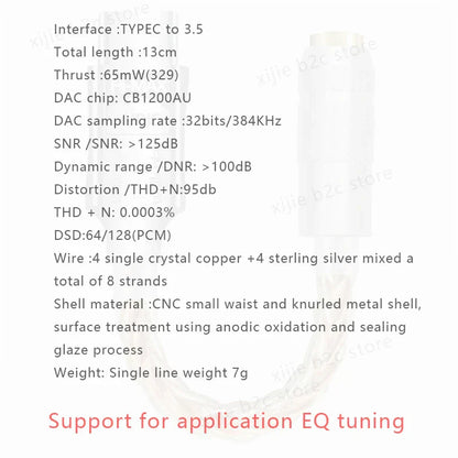 A sleek cylindrical type c to 35mm hifi dac earphone amplifier usb cable with anodized sealed metal shell amp adapter cb1200au