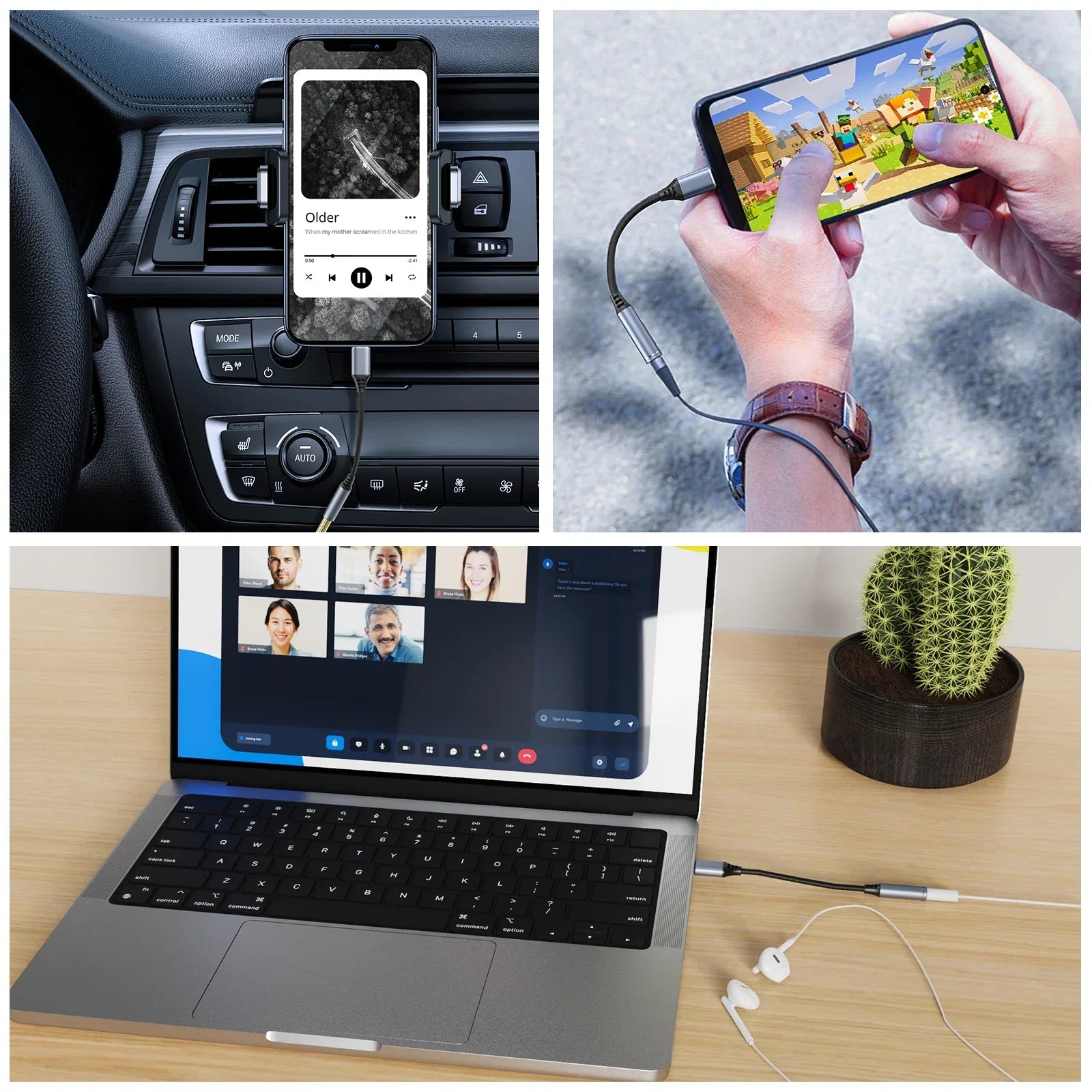 Black smartphone with textured screen showing music playback in car holder using type c to 3.5mm jack earphone adapter for pro max samsung galaxy huawei xiaomi
