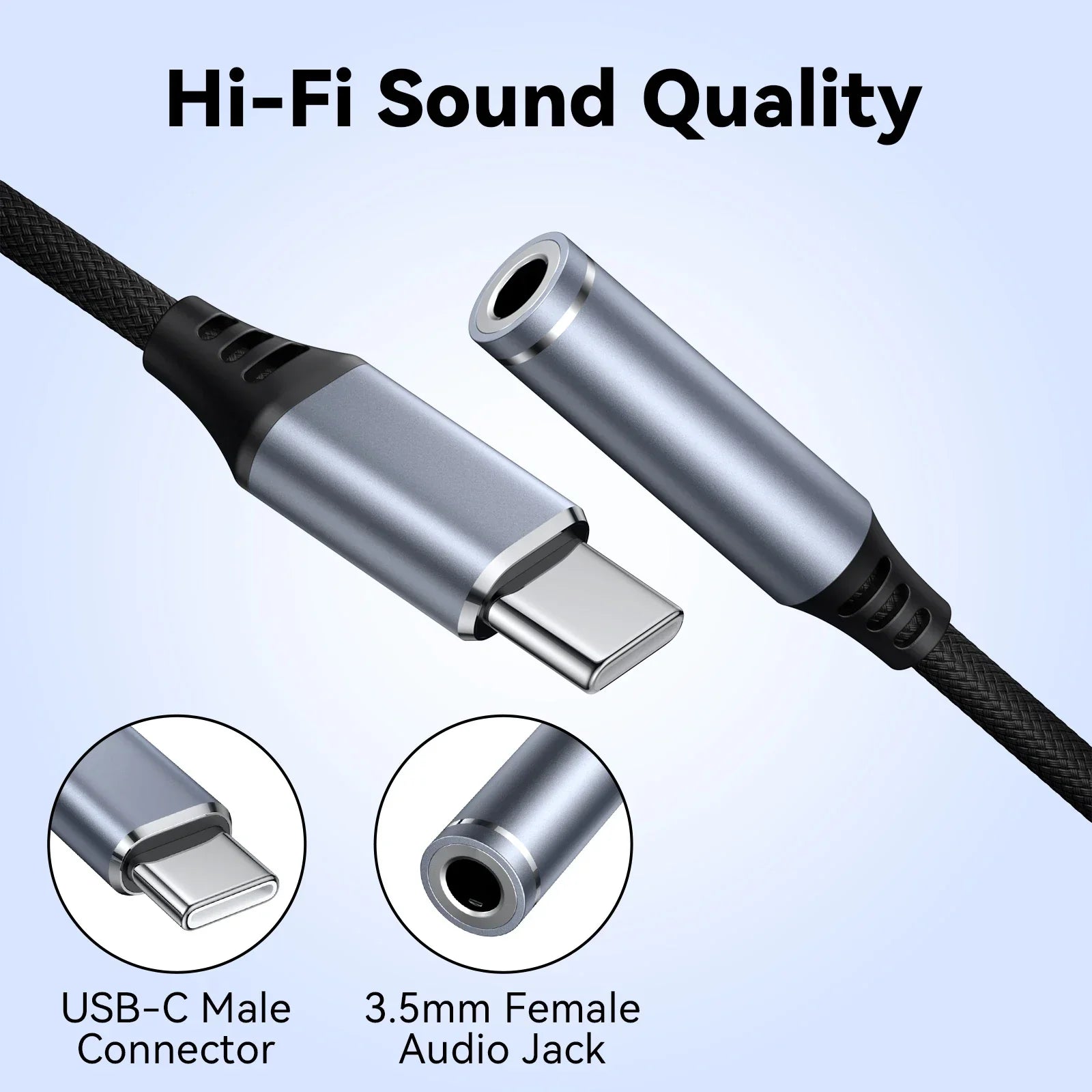 Silver usb-c to 3.5mm jack earphone adapter with black braided sheath for iphone 15 pro max samsung galaxy huawei xiaomi