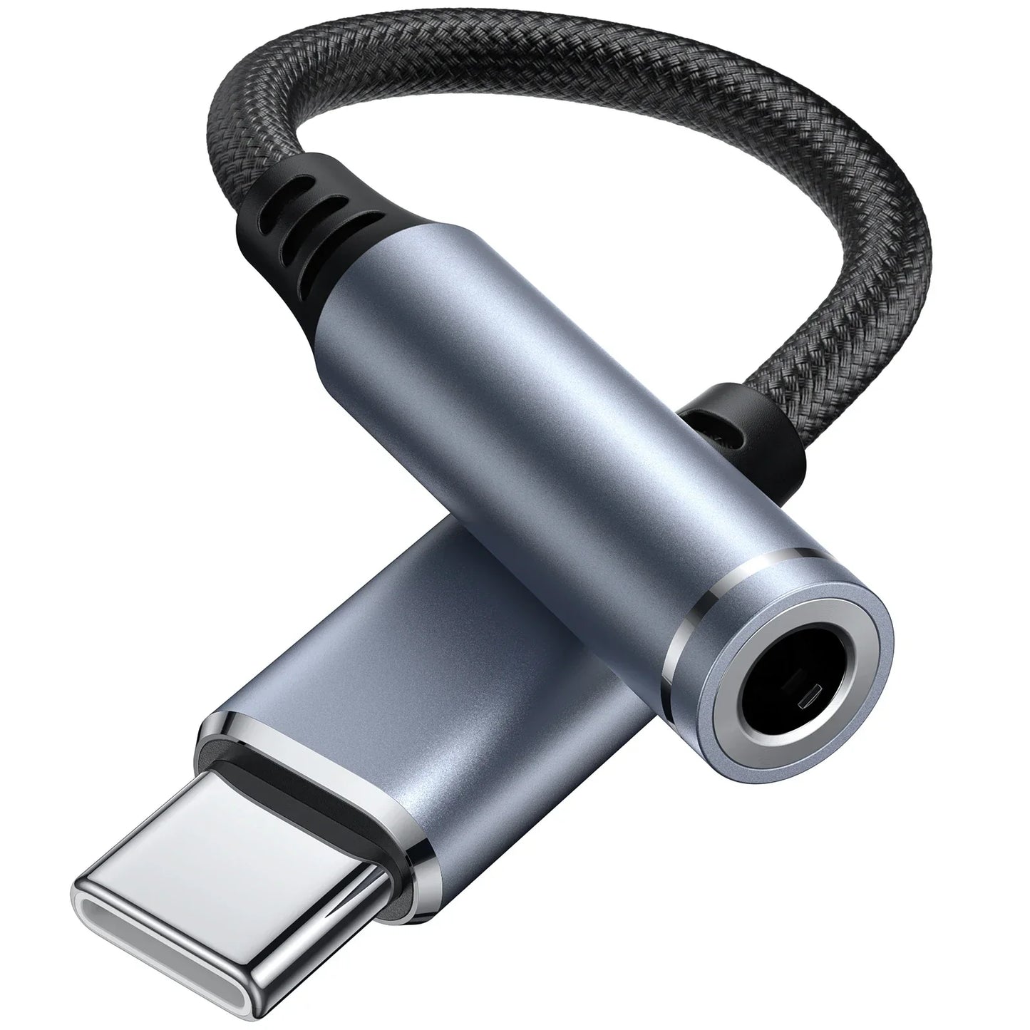 Silver metallic usb-c to 3.5mm jack earphone adapter with black braided cable for iphone 15 pro max samsung galaxy huawei xiaomi