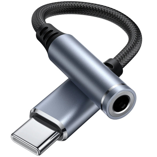 Silver metallic usb-c to 3.5mm jack earphone adapter with black braided cable for iphone 15 pro max samsung galaxy huawei xiaomi