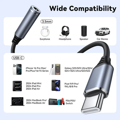 A sleek metallic gray usb-c to 3.5mm jack earphone adapter with braided cable for pro max samsung galaxy huawei xiaomi devices