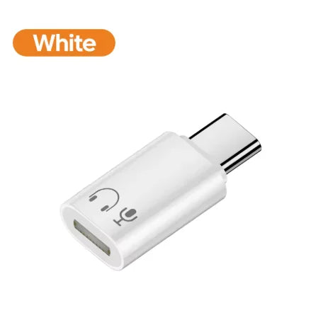 White usb c lightning earphone adapter with headphone and microphone icons for ios female audio on iphone 15 16
