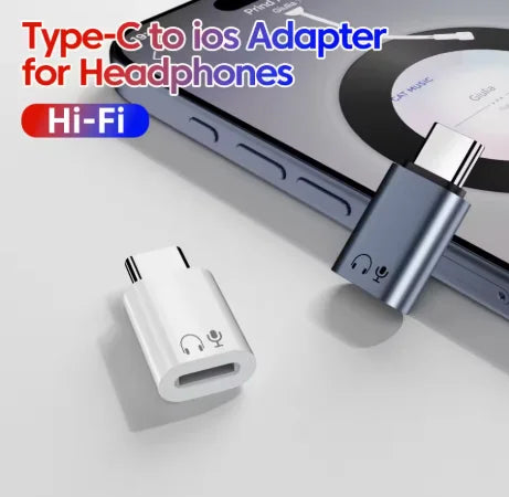 Silver and white usb c lightning earphone adapter with engraved headphone icons for ios female audio use