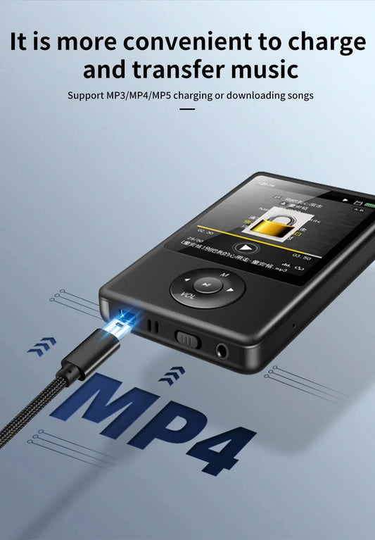 Black mp4 player with touchscreen display paired with ultra short type c to mini usb cable for mp3 mp4 usb port charging