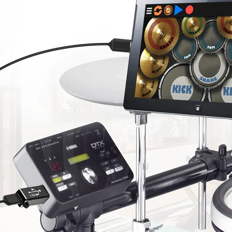 Yamaha dtx series electronic drum kit with type c usb printer scanner converter connected to midi controller keyboard tablet