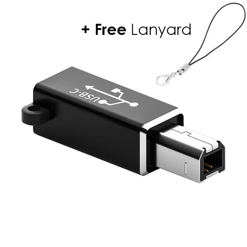 Black type c usb female to usb-b male printer scanner converter with silver connector and free lanyard for midi controller keyboard