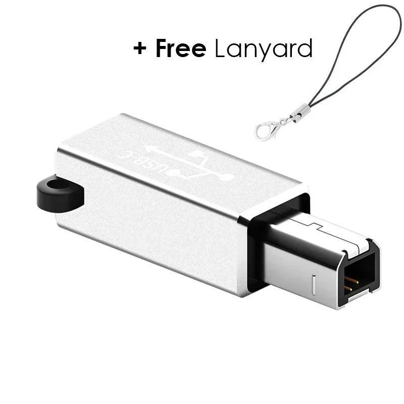 Silver metallic type c usb female to usb-b male adapter with engraved usb symbols for printer scanner converter midi controller keyboard