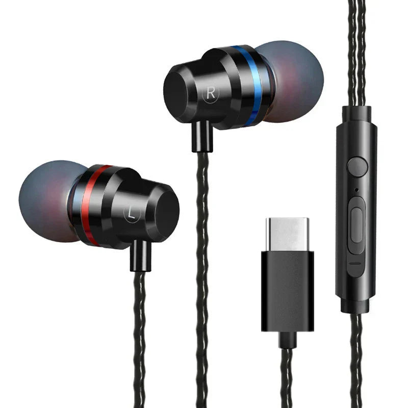 Black wired earphone metal with red and blue rings usb-c super bass stereo for xiaomi huawei headphones with mic