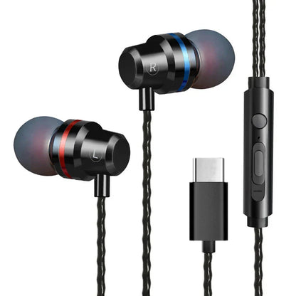 Black wired earphone metal with red and blue rings usb-c super bass stereo for xiaomi huawei headphones with mic