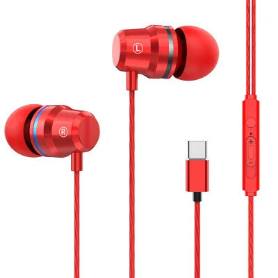 Red wired earphone metal with super bass stereo and usb-c connector for xiaomi huawei headphones with mic