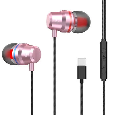 Rose gold wired earphone metal with super bass stereo and red blue accents for xiaomi huawei headphones with mic