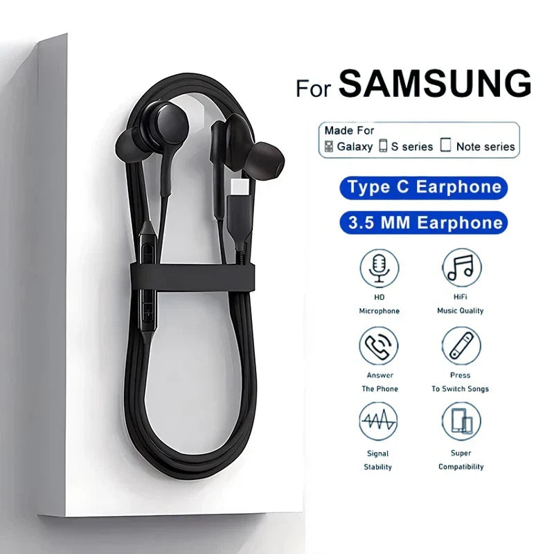Black wired type c earphones with 35mm jack for samsung galaxy s23 s21 s22 ultra plus earbuds headphones a54 accessories