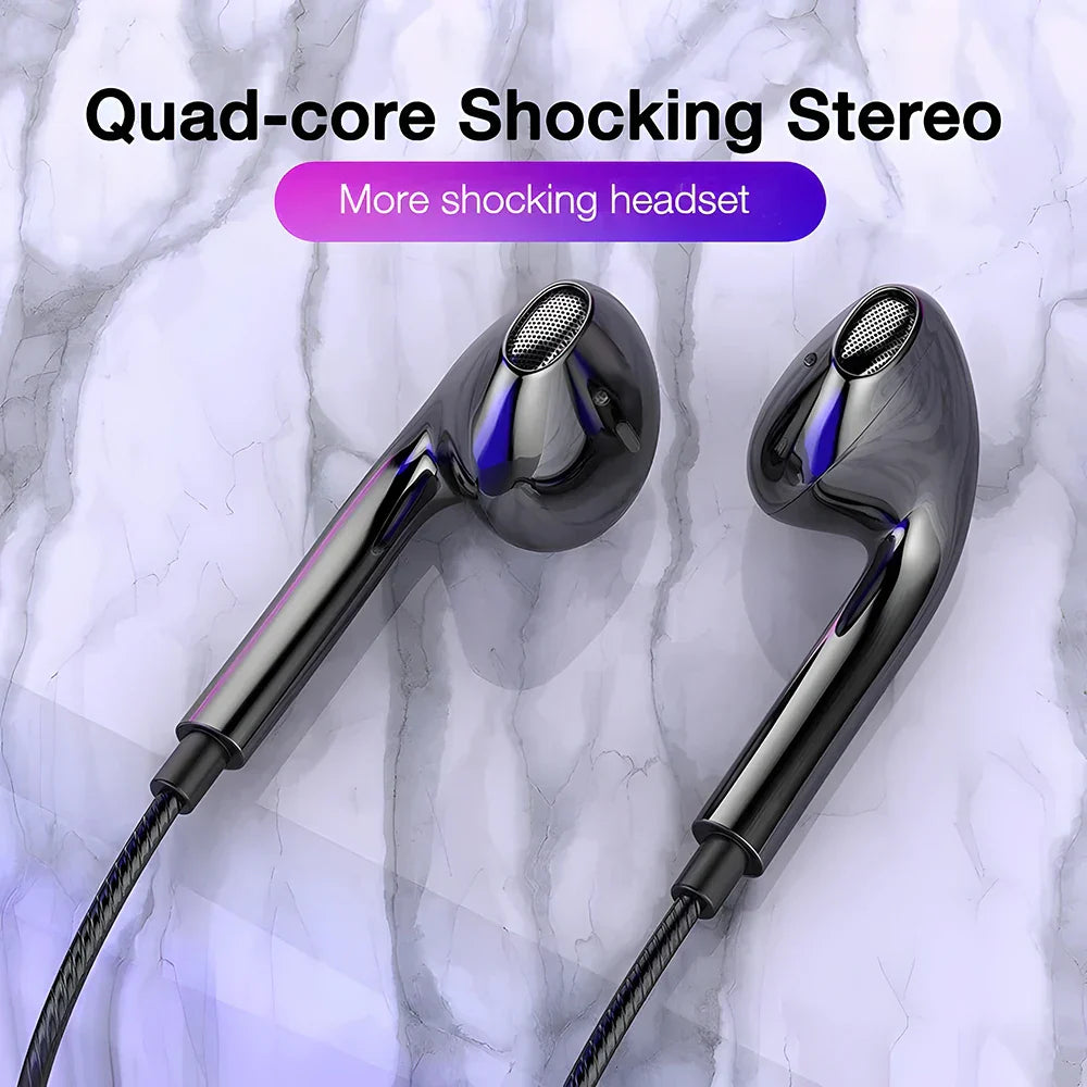 Black glossy type c wired earphones with metallic accents mesh grilles and microphone bass stereo earbuds in-line control