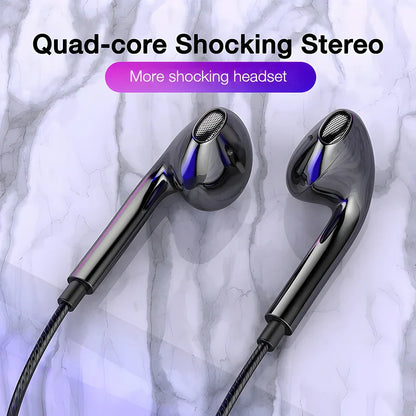 Black glossy type c wired earphones with metallic accents mesh grilles and microphone bass stereo earbuds in-line control