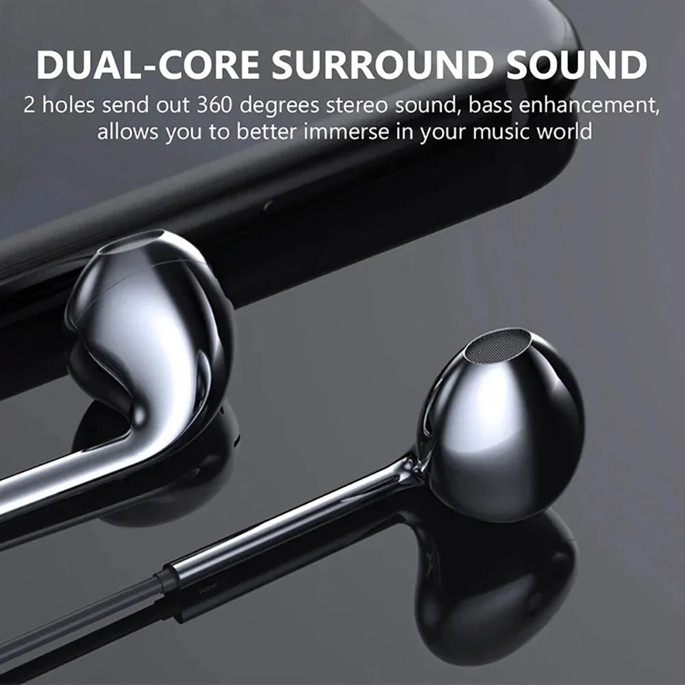 Black type c wired earphones with glossy finish dual-core surround sound microphone bass stereo earbuds in-line control