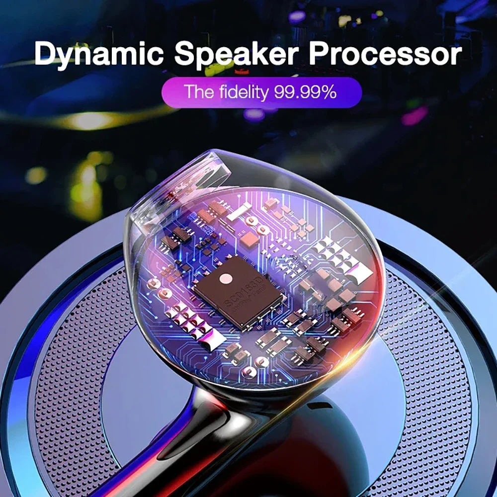 Transparent dome-shaped dynamic speaker processor with visible circuit board in metallic housing for microphone bass stereo earbuds in-line control
