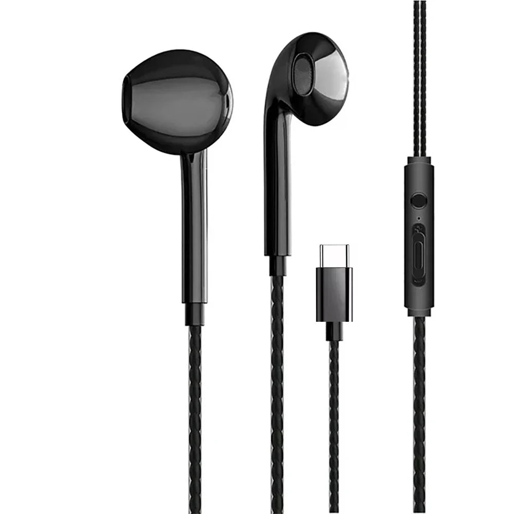 Black in-ear type c wired earphones with braided cable microphone bass stereo earbuds in-line control for phones