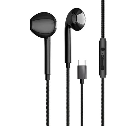 Black in-ear type c wired earphones with braided cable microphone bass stereo earbuds in-line control for phones