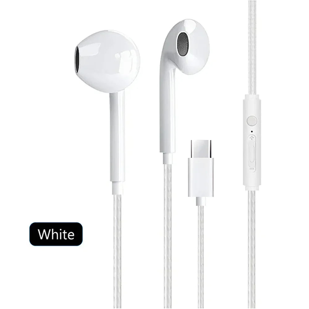 White in-ear type c wired earphones with microphone bass stereo and earbuds in-line control for phones with usb-c cable