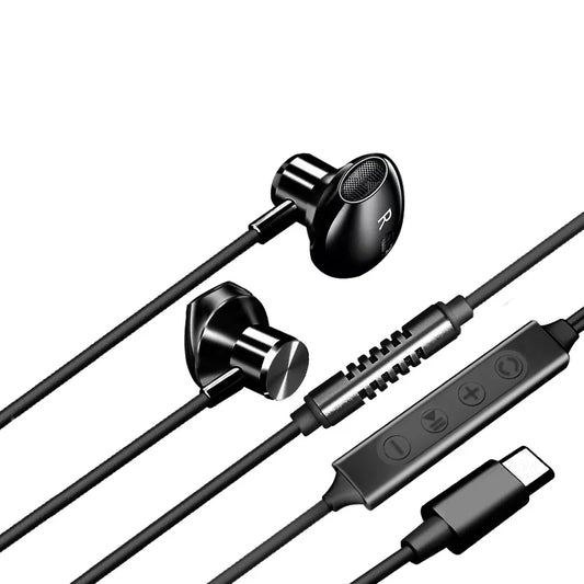 Black in-ear headphones with metallic finish featuring mic ear monitor and usb-c connector for noise canceling karaoke and singing live performance
