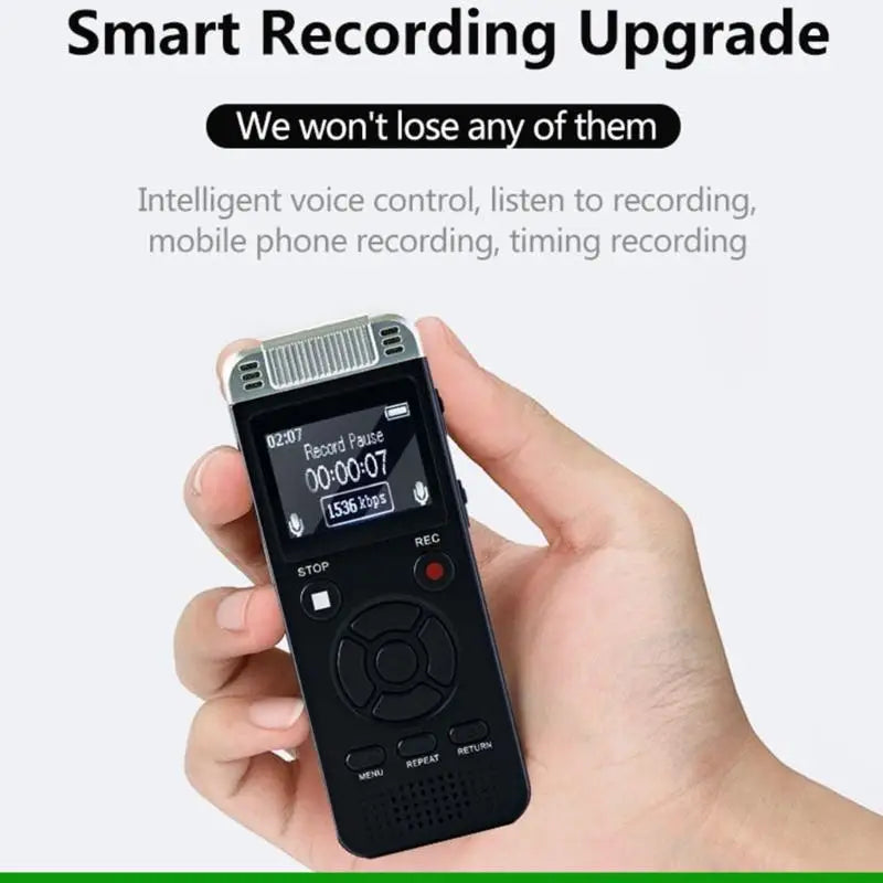 Black and silver u55c digital voice activated recorder with screen and buttons for clear class conference travel recording
