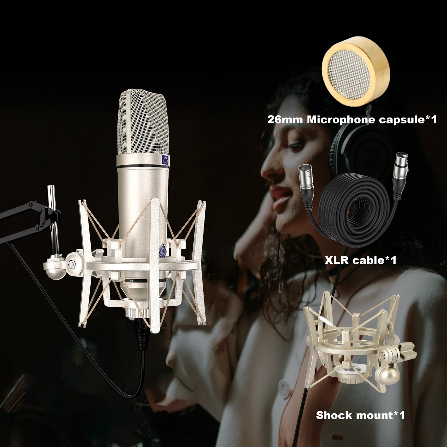 Silver u87 ai condenser microphone with mesh grille and shock mount for vocal recording podcast and youtube streaming