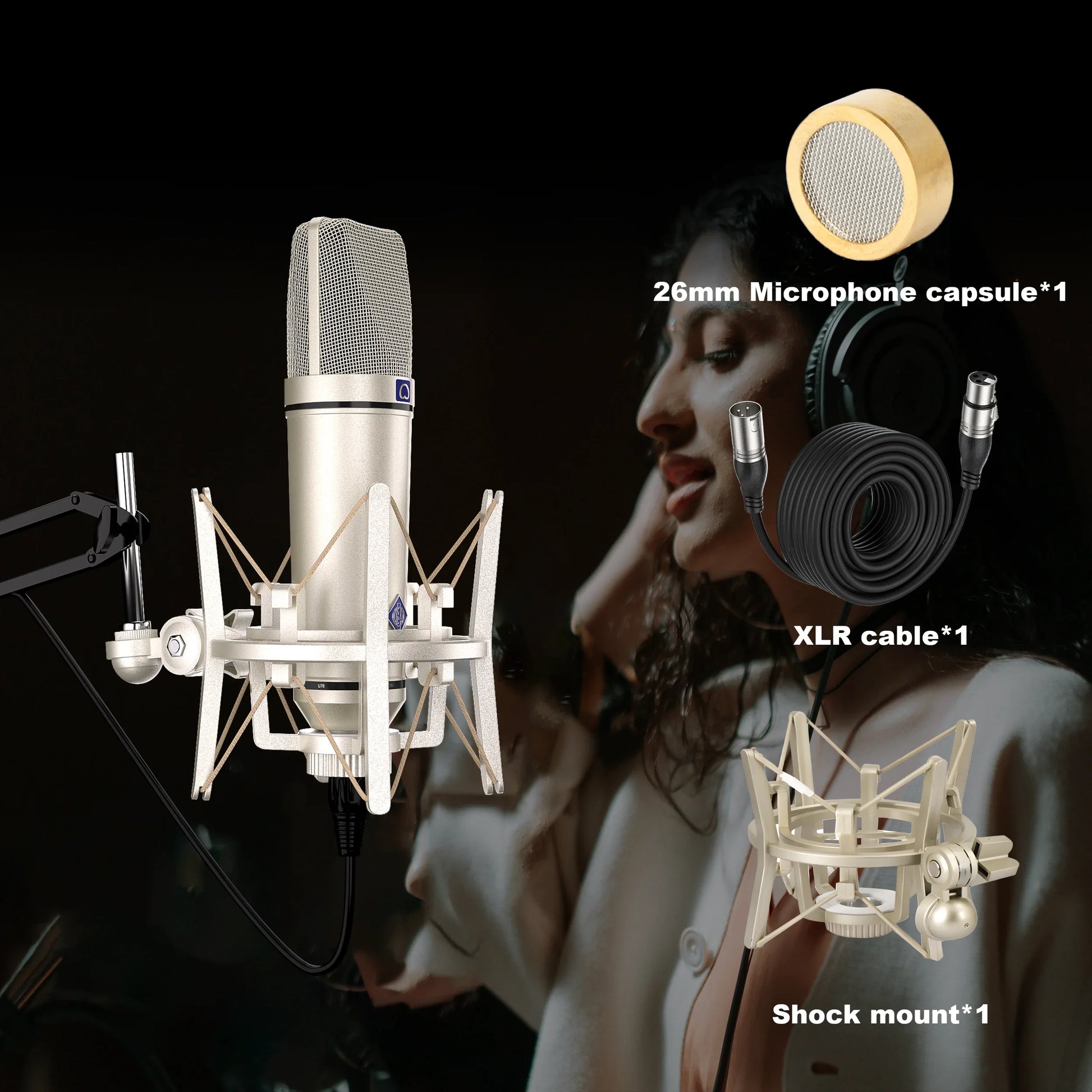 Silver u87 ai condenser microphone with mesh grille and shock mount for vocal recording podcast and youtube streaming