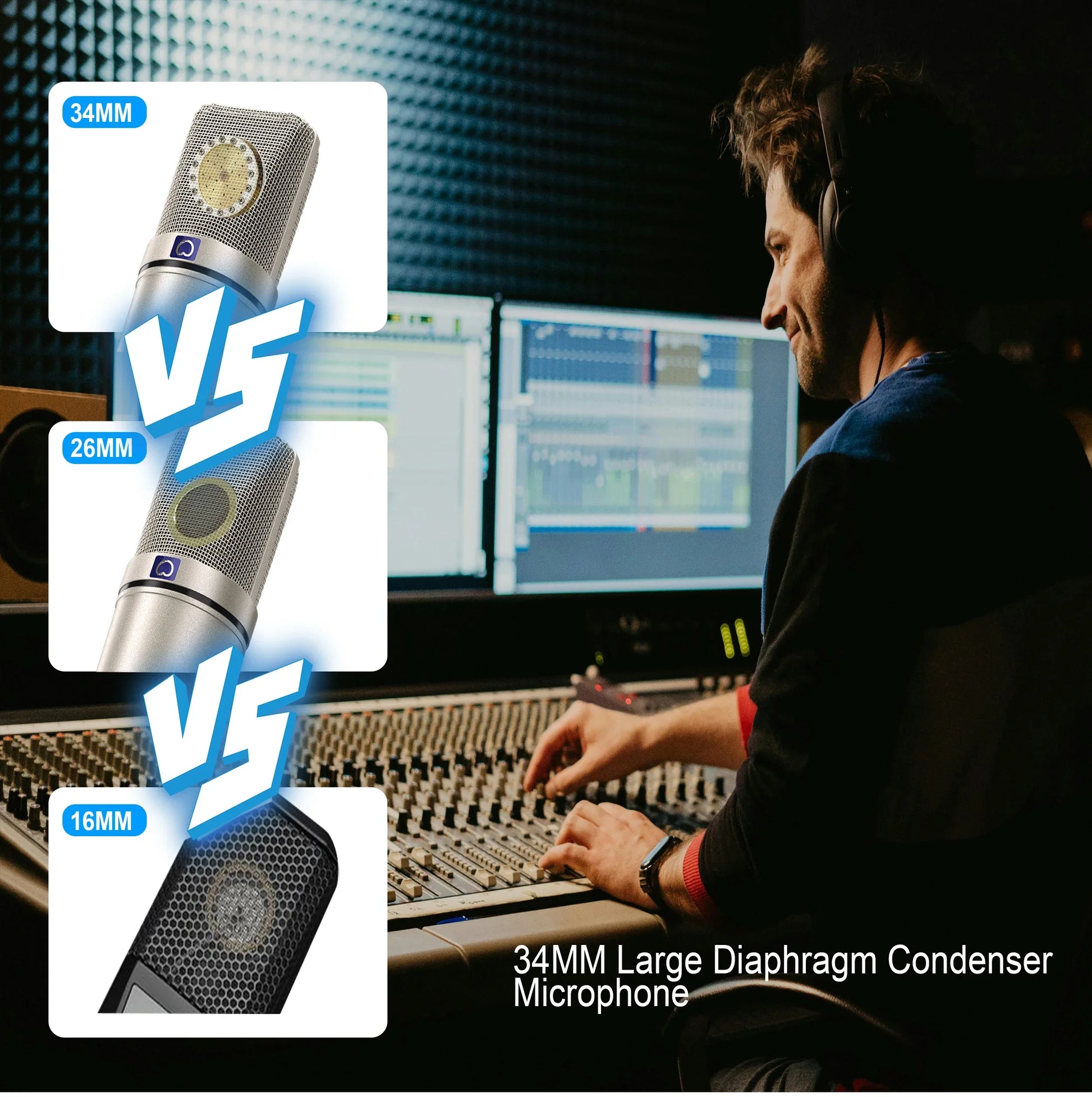 U87 ai condenser microphone with 34mm silver mesh grille and metallic body ideal for vocal recording podcast youtube