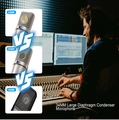 U87 ai condenser microphone with 34mm silver mesh grille and metallic body ideal for vocal recording podcast youtube