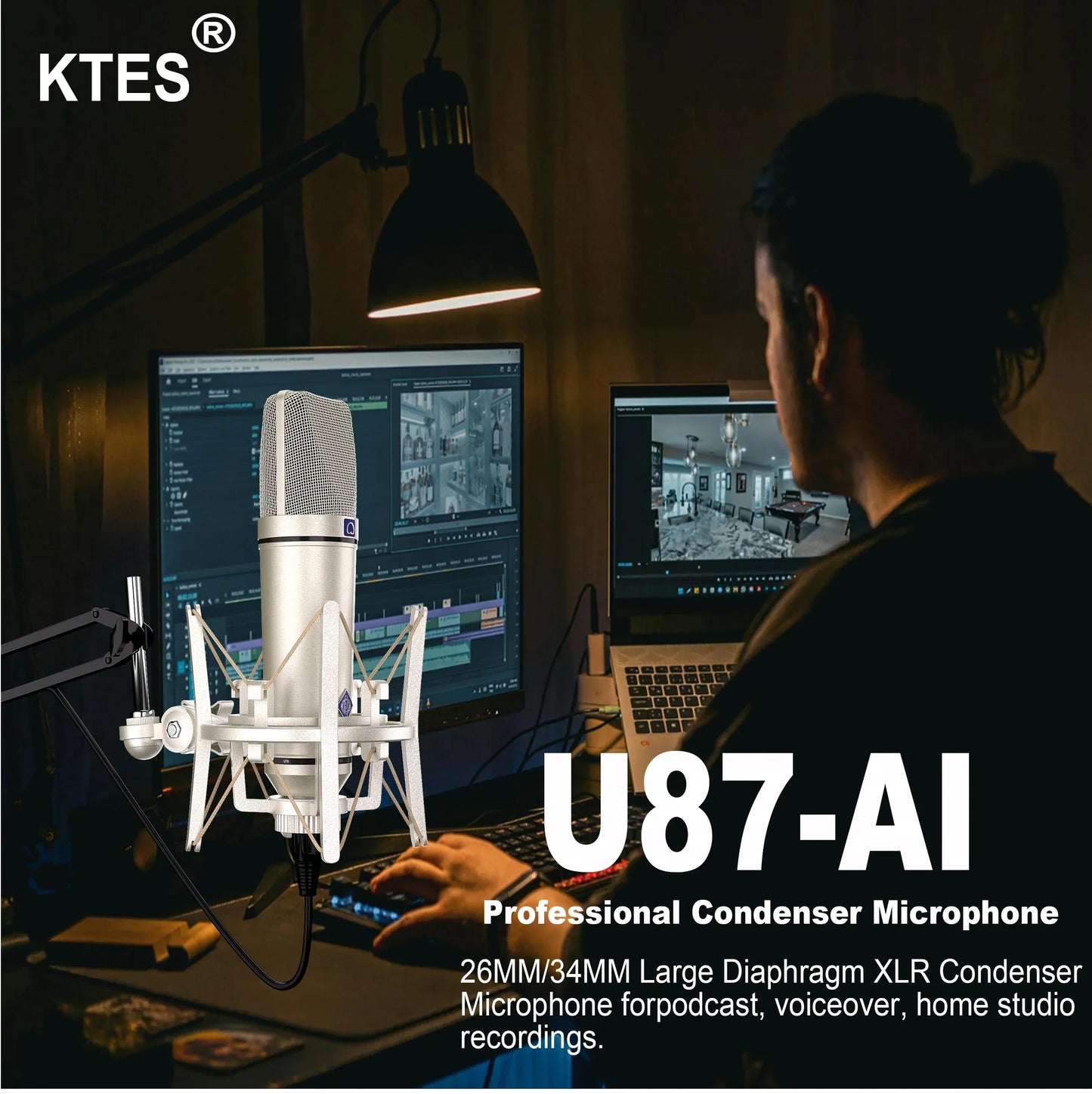 Silver u87 ai condenser microphone with mesh grille and xlr connector mounted on white shock mount for vocal recording podcast